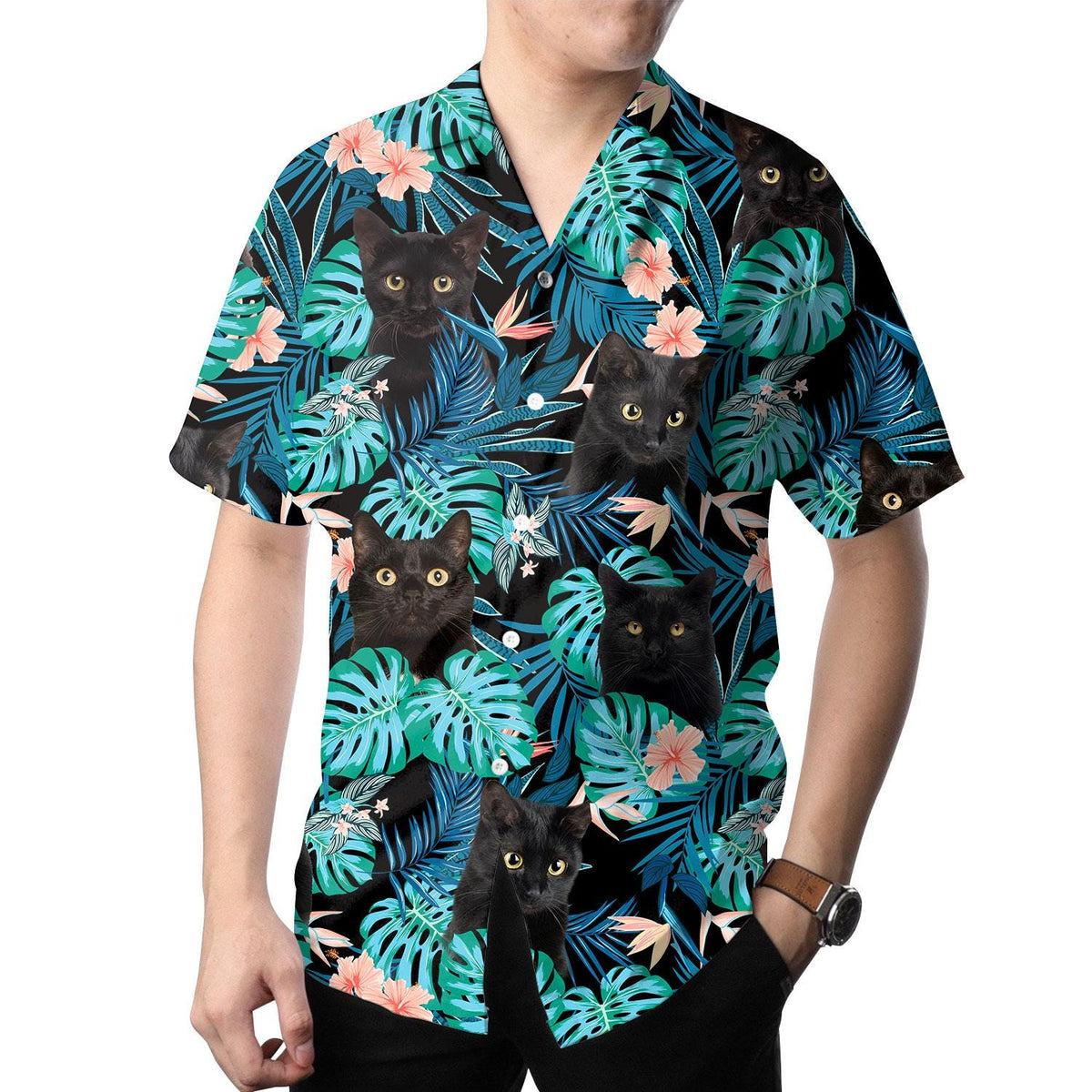Person wearing a black cat tropical Hawaiian shirt outdoors