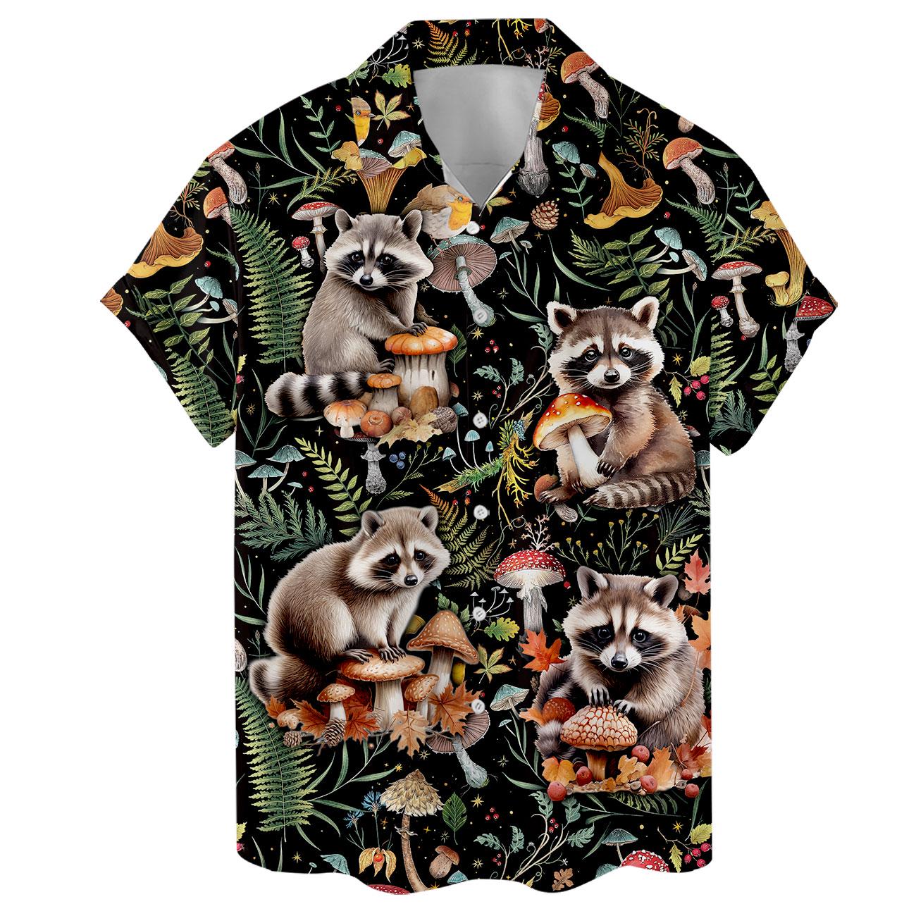 Front view of raccoon and mushroom short sleeve shirt