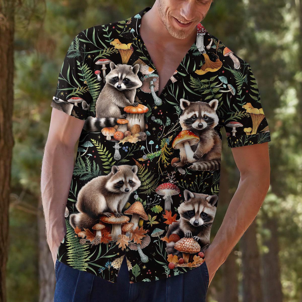 Model wearing woodland raccoon shirt outdoors