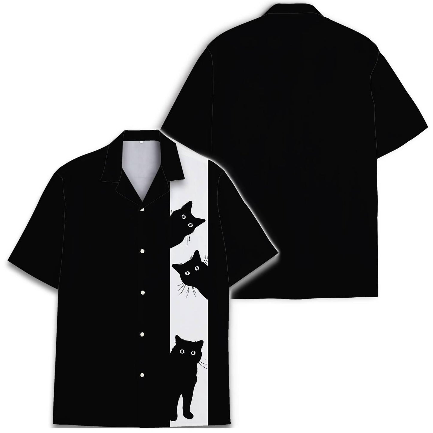 Front and back views of a black cat Hawaiian shirt with a white stripe design