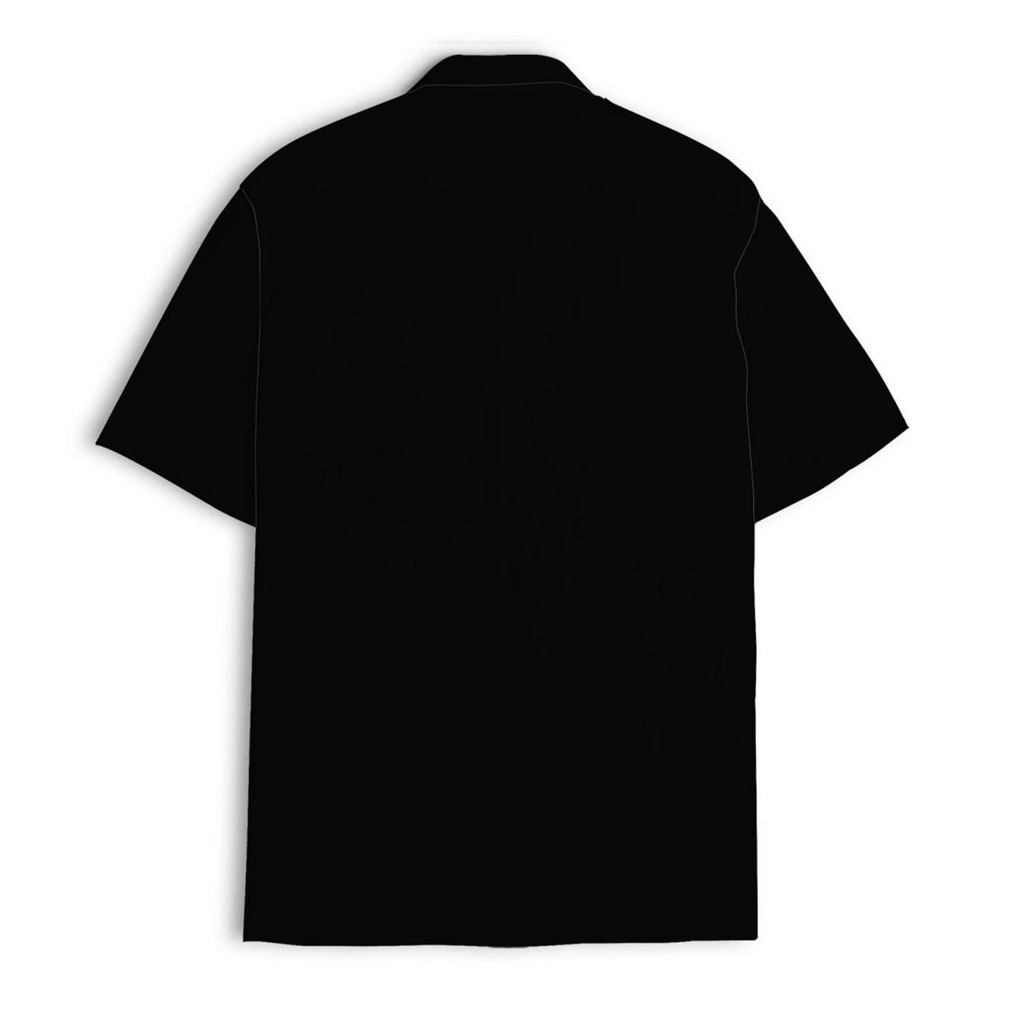 Back view of a plain black short-sleeve Hawaiian shirt
