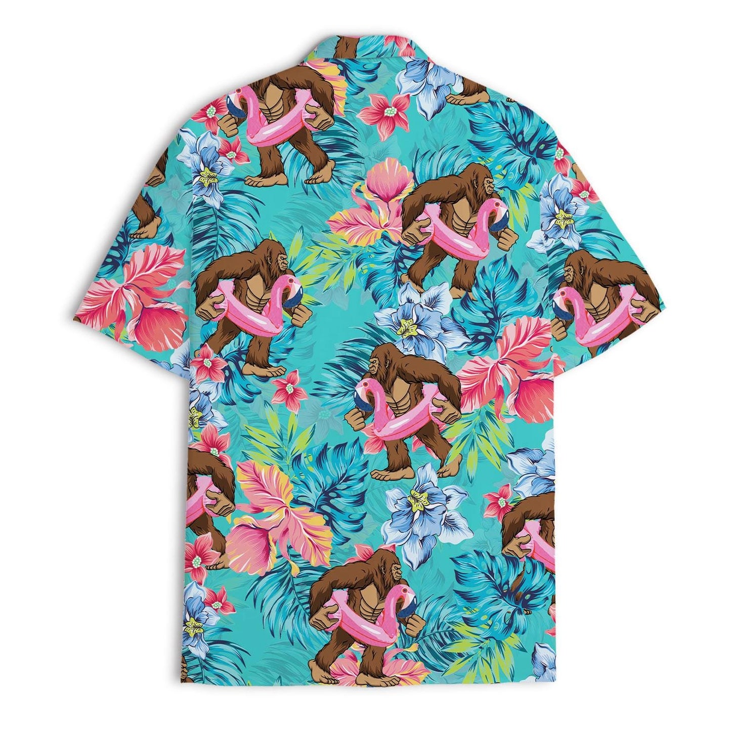 Full shirt view of a colorful tropical ape and flamingo Hawaiian print on a turquoise background