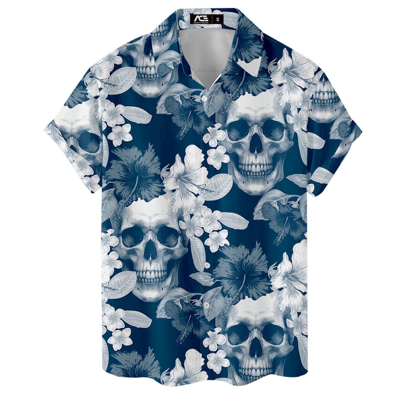 Rear view showing the repeating skull, flower, and foliage pattern