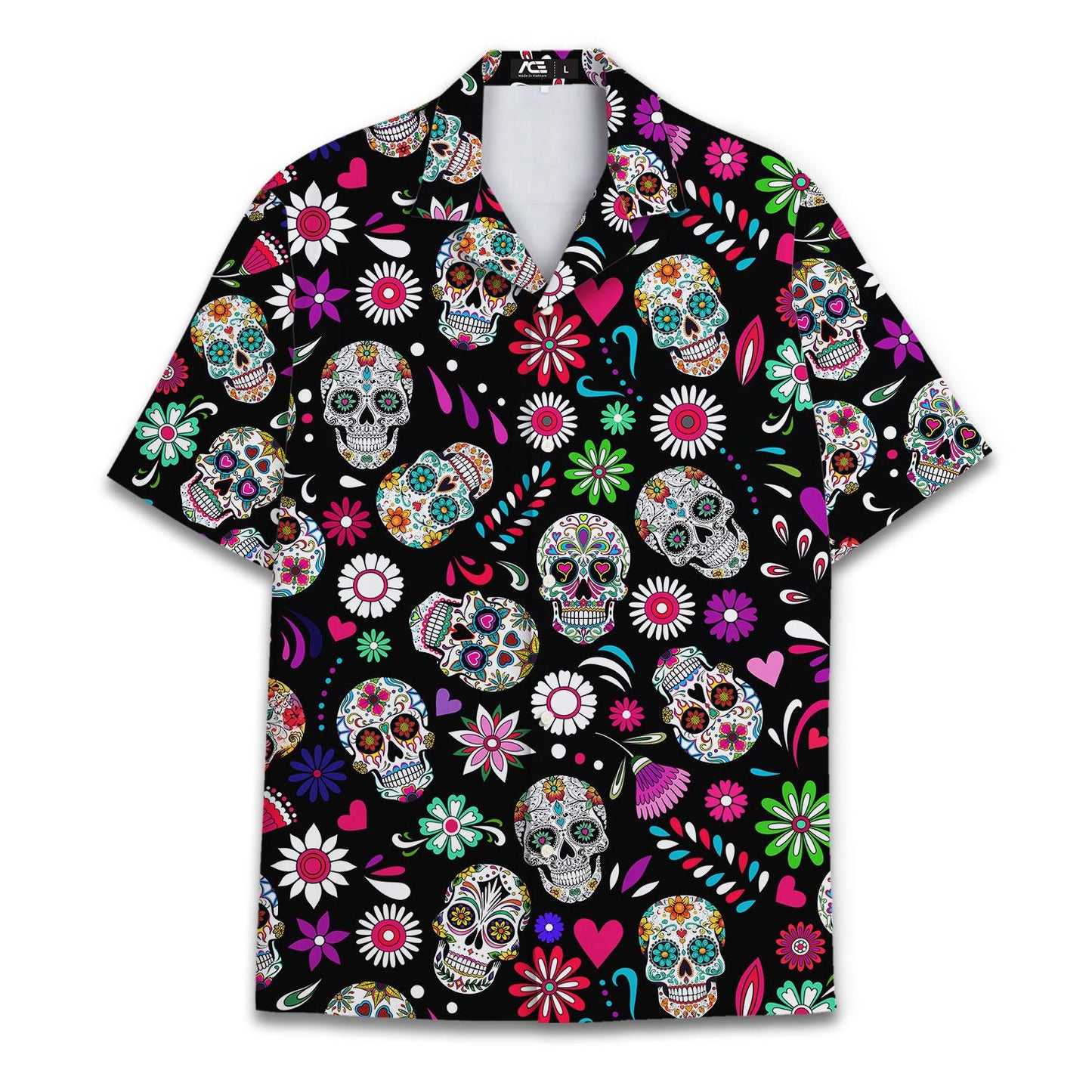 Front view of a black sugar skull Hawaiian shirt with colorful flowers and hearts