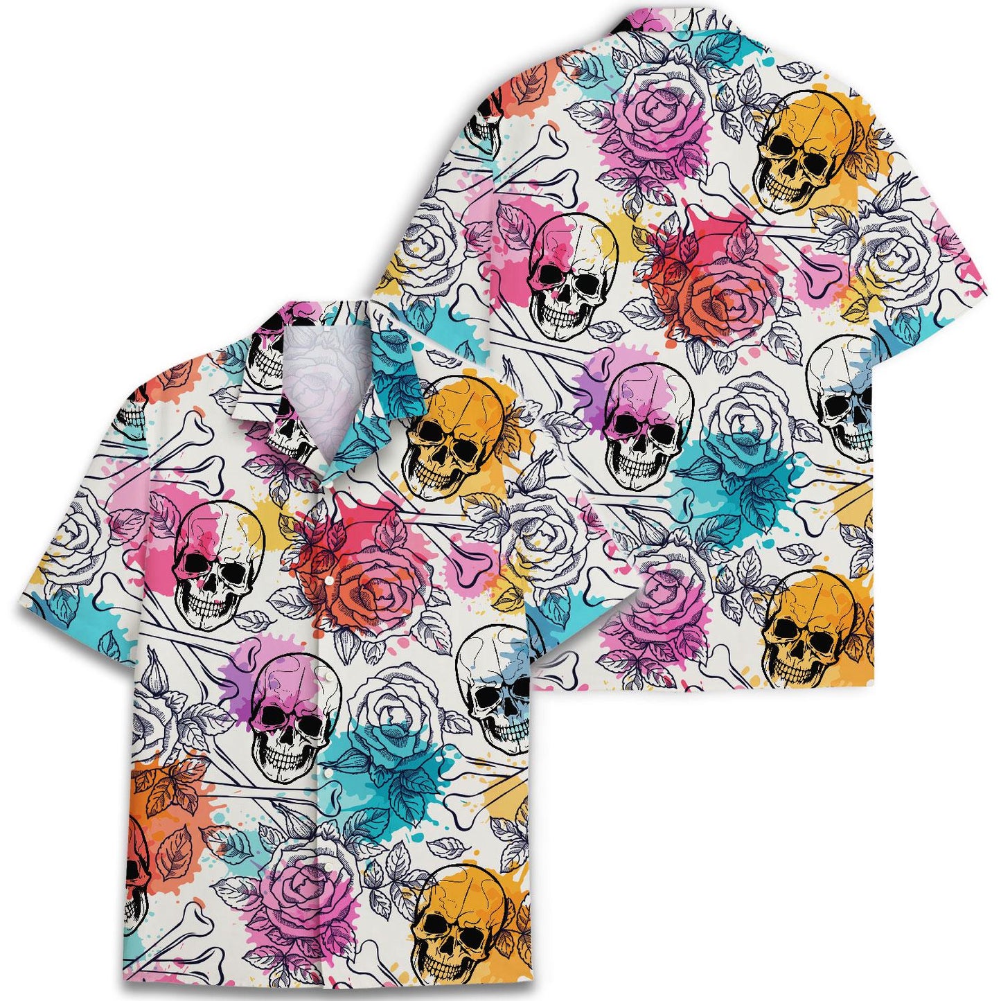 Front and back views of skull and rose Hawaiian shirt