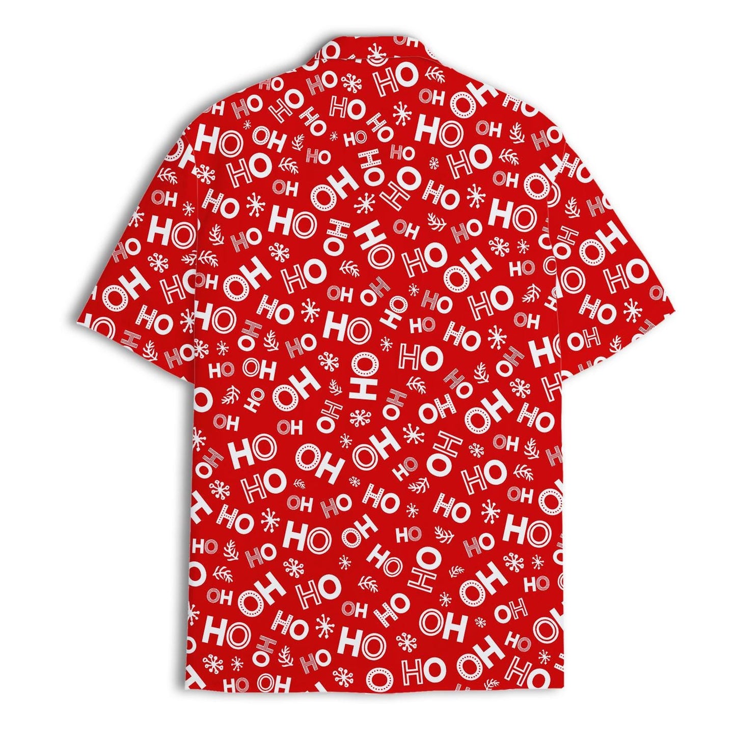 Back view of red holiday Hawaiian shirt with all-over HO design