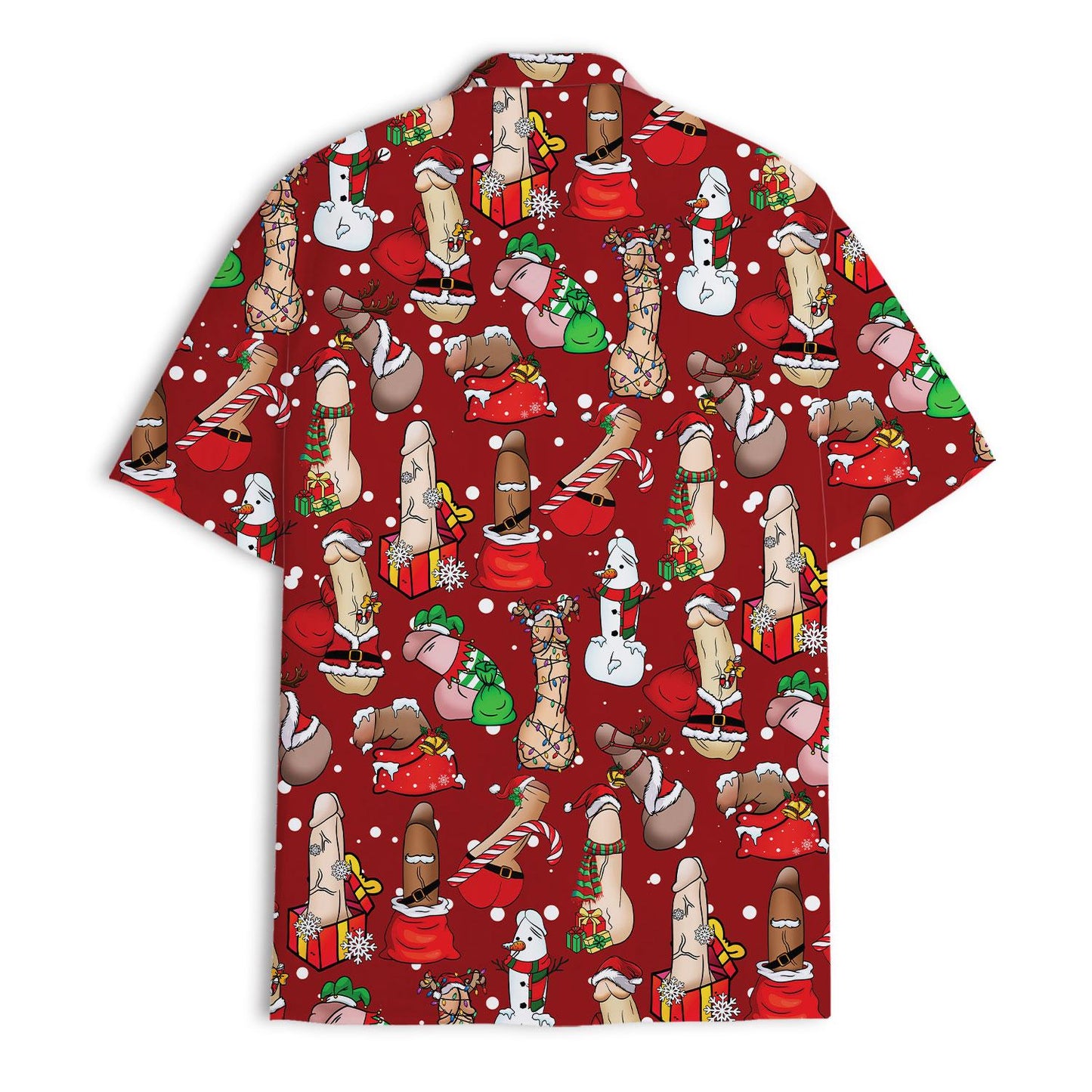 Back view of red allover Christmas character shirt