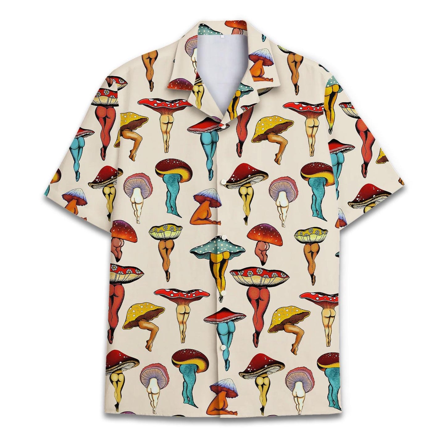 Front view of a cream mushroom Hawaiian shirt with a colorful all-over fungi pattern