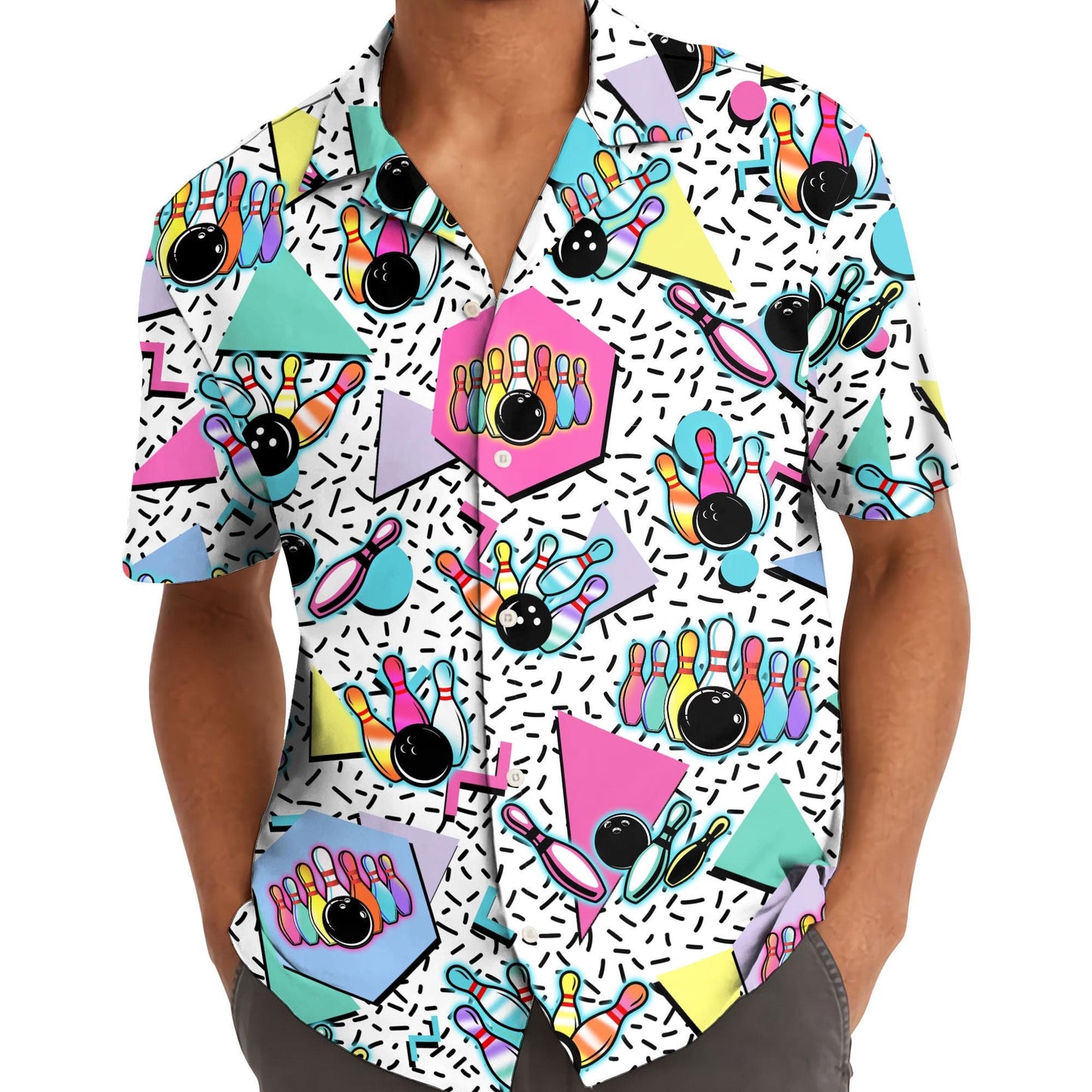 Model wearing colorful bowling Hawaiian shirt outdoors