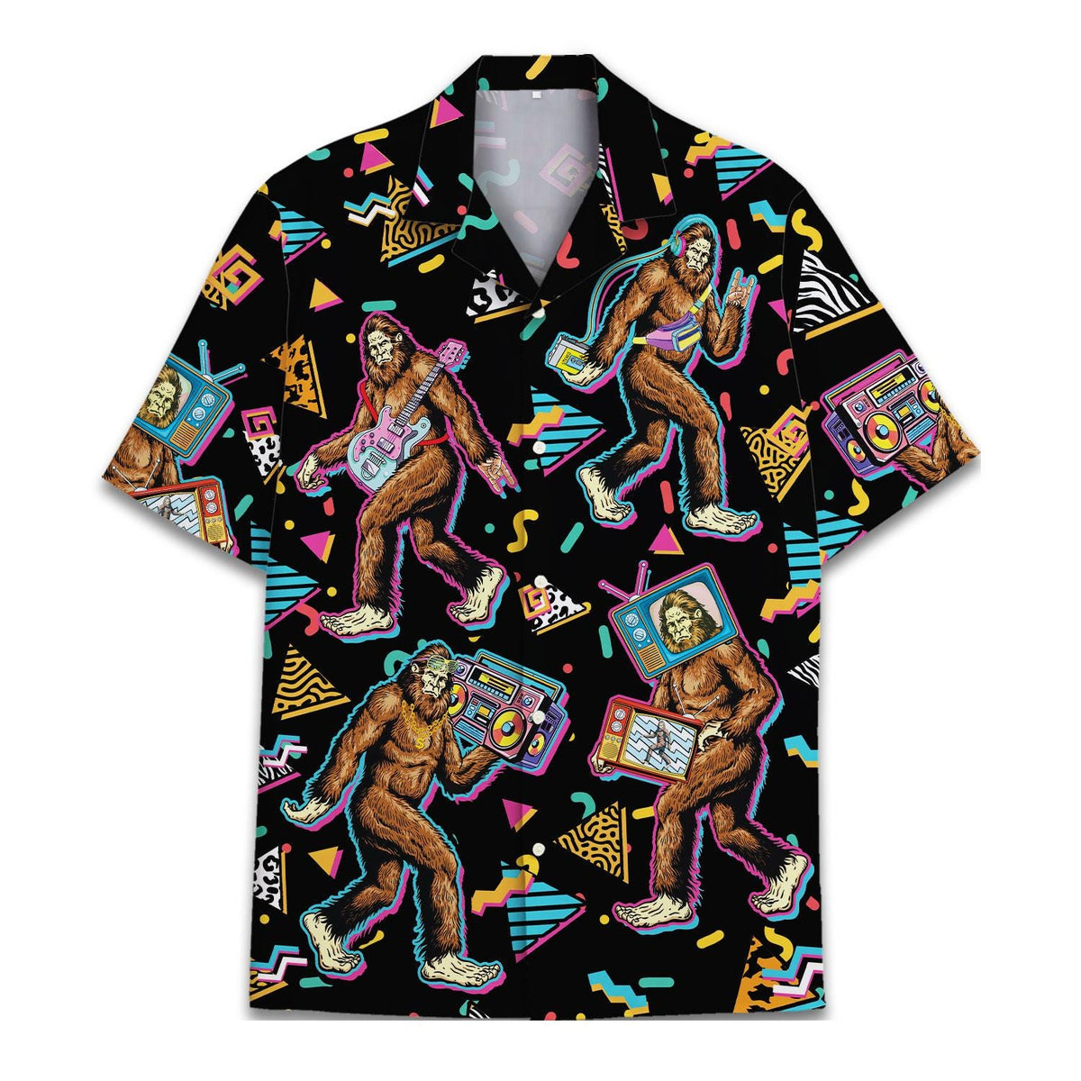 Front view of a black Bigfoot Hawaiian shirt with colorful retro music graphics