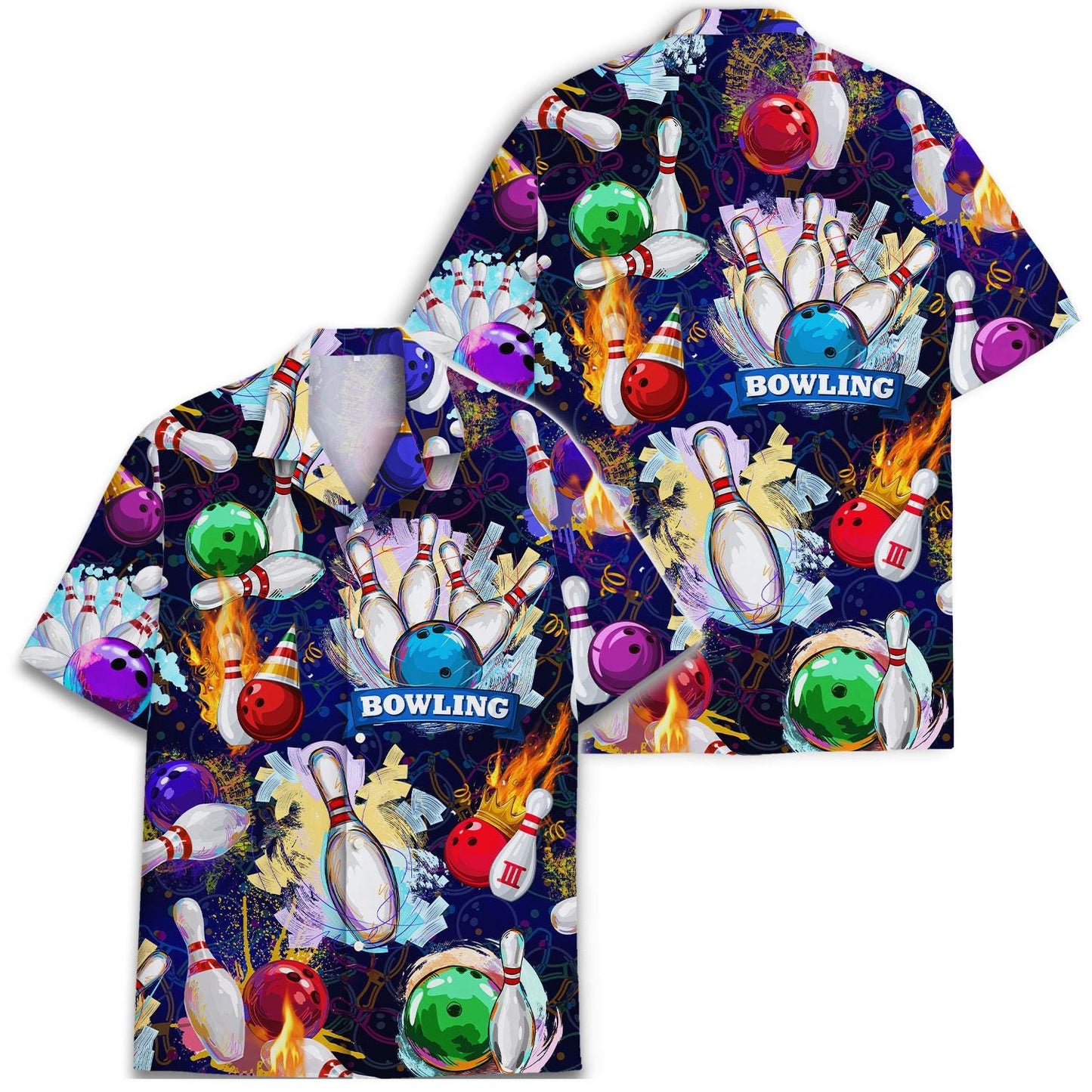 Front and back views of bowling-themed Hawaiian shirt