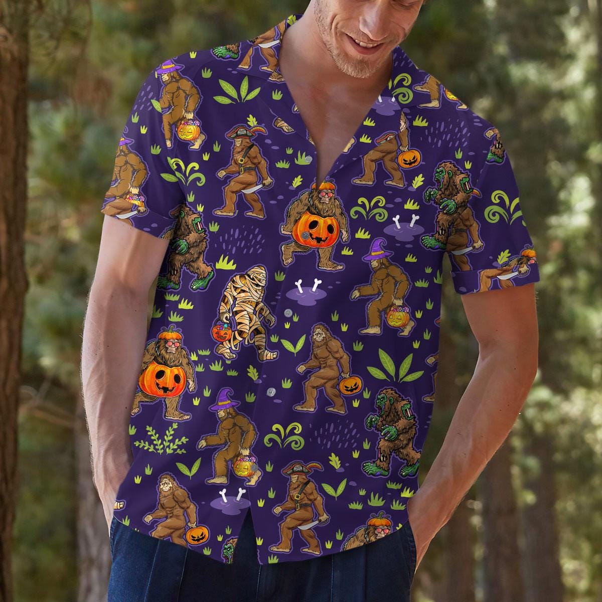 Model outdoors wearing a purple Sasquatch and pumpkin Hawaiian shirt