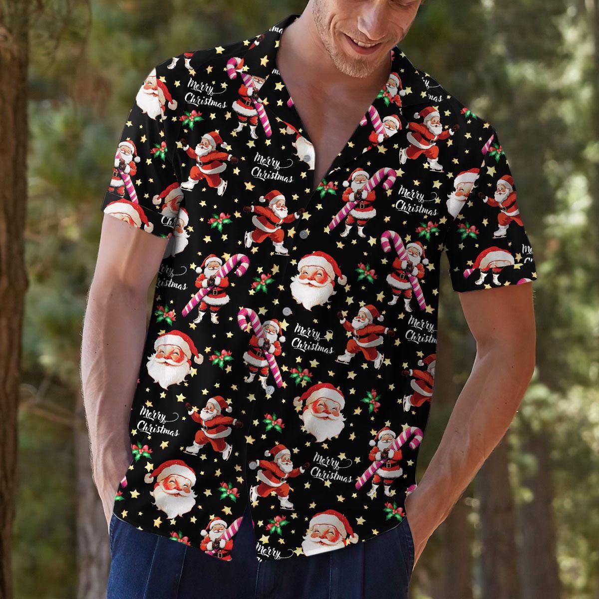 Man wearing a festive Christmas Hawaiian shirt outdoors