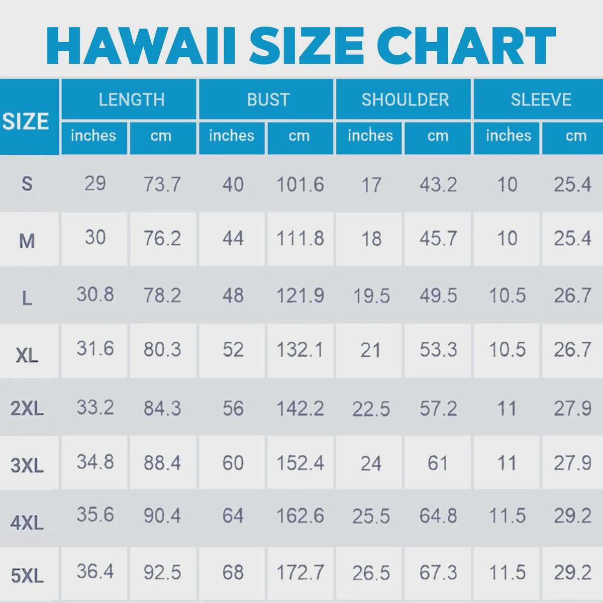 Hawaii shirt size chart showing length, bust, shoulder, and sleeve measurements