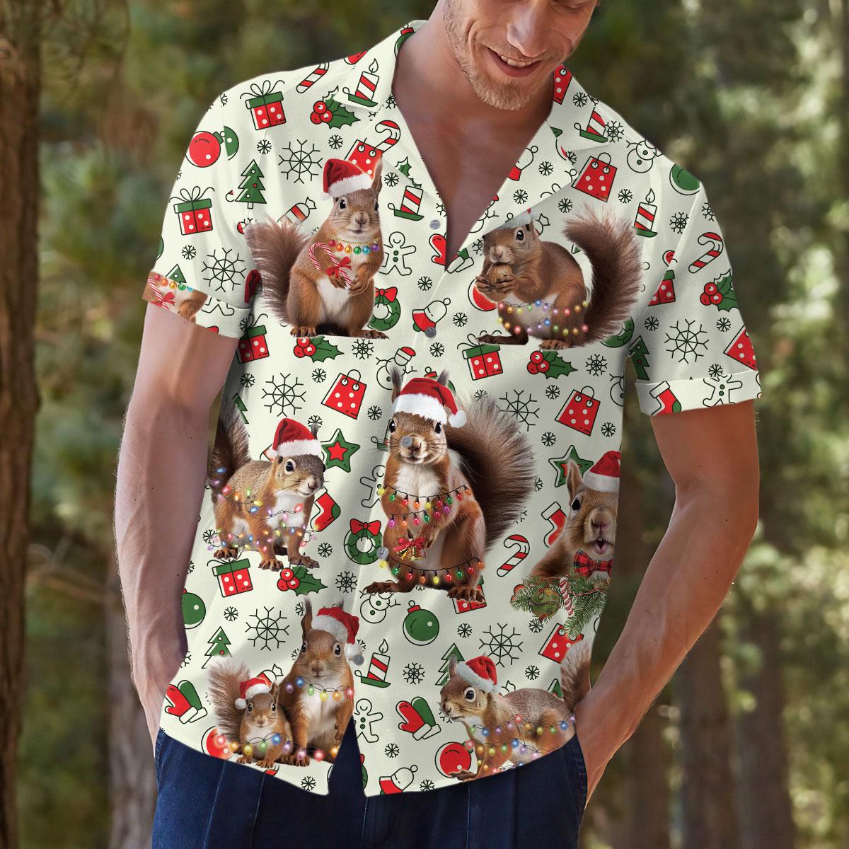 Close view of a person wearing a festive Santa squirrel button-up shirt