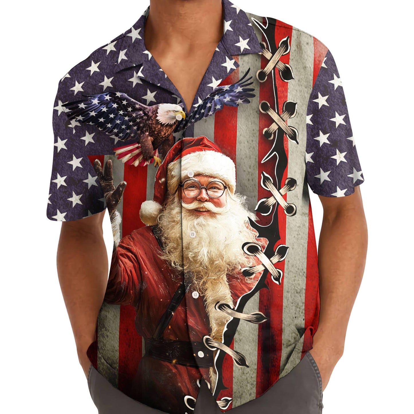 Model wearing a Santa bald eagle American flag Christmas Hawaiian shirt