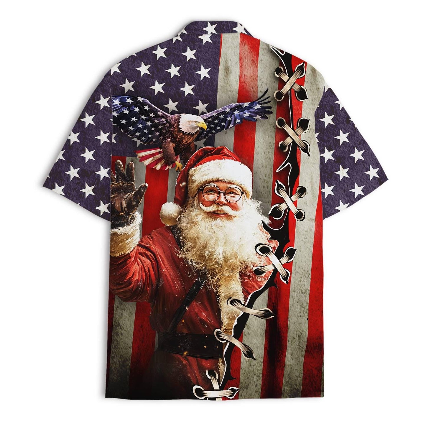 Full shirt view showing Santa, eagle, stars, and red and white stripes