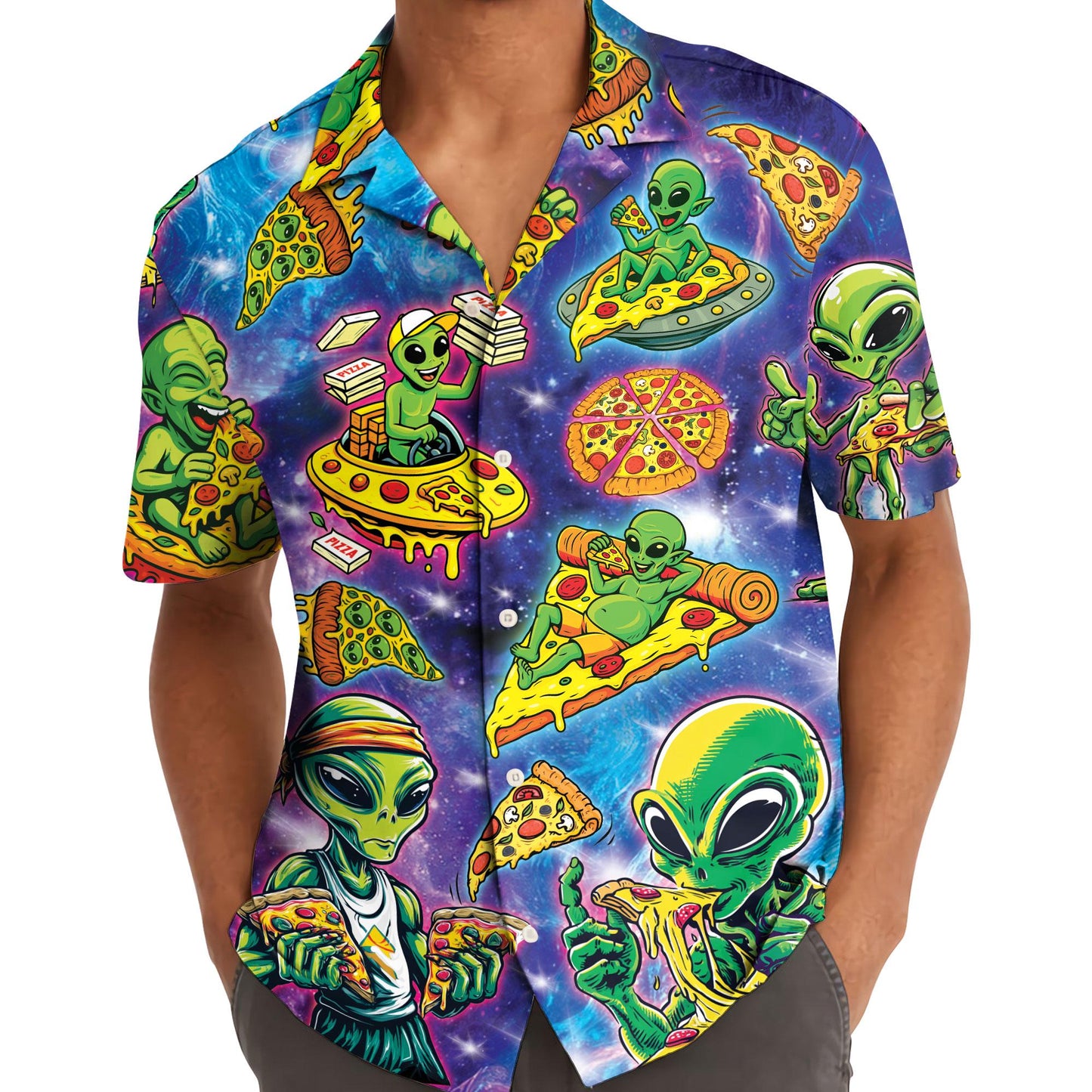 Model wearing alien pizza Hawaiian shirt outdoors