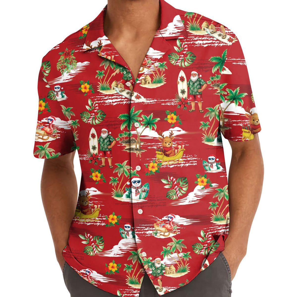Red Christmas Hawaiian shirt modeled with Santa and tropical island print