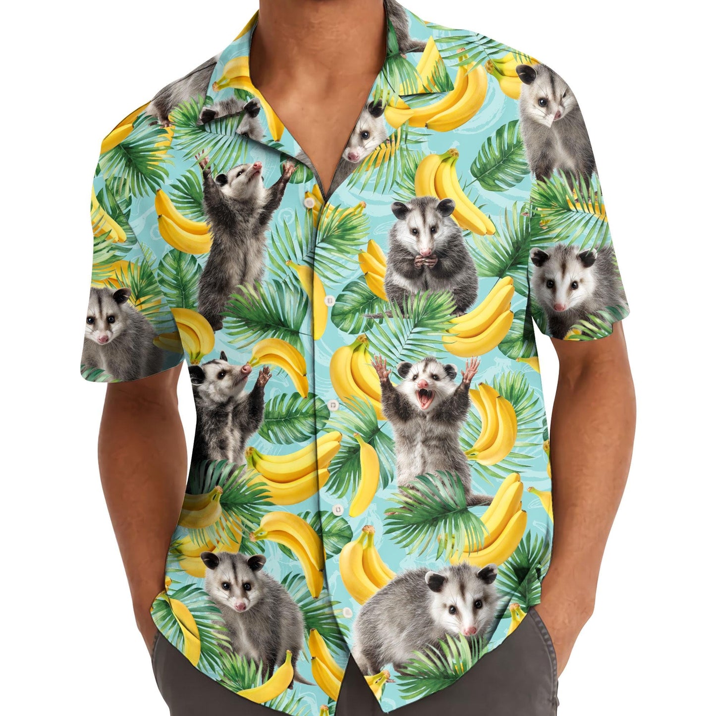 Model wearing an opossum banana Hawaiian shirt outdoors