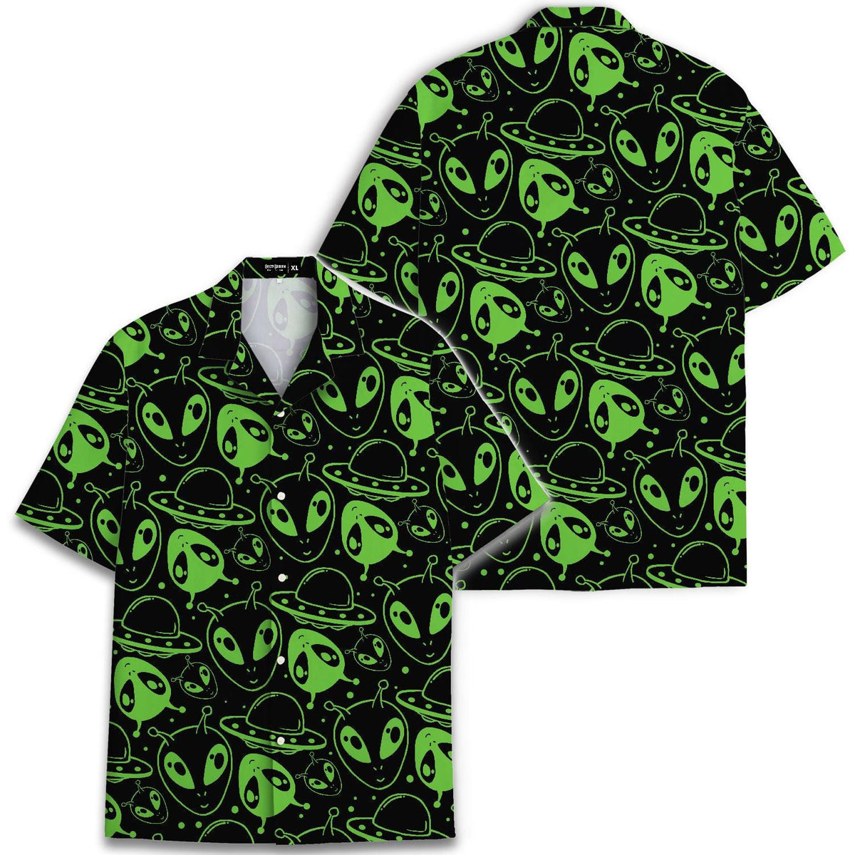 Front and back views of neon green alien print Hawaiian shirt