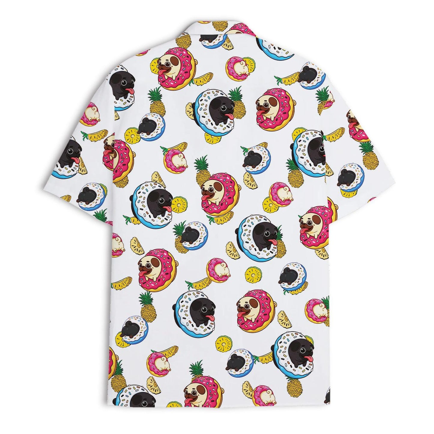 Back detail of vibrant tropical Hawaiian shirt covered in sloths, donuts, and fruit