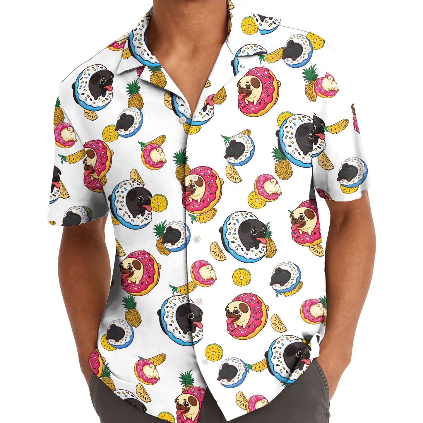 Model wearing colorful sloth donut Hawaiian shirt with button front