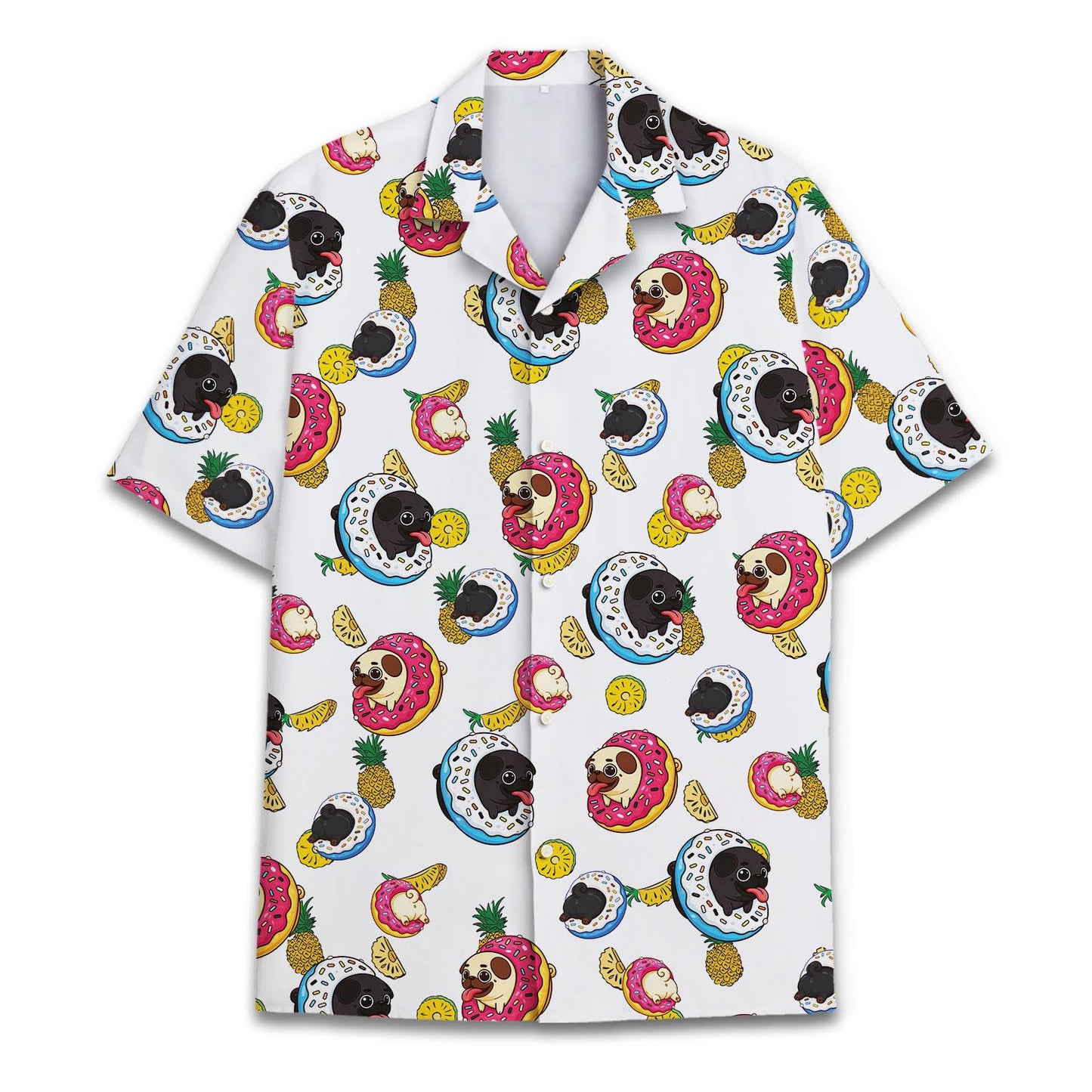 Front view of colorful sloth and donut Hawaiian shirt with tropical fruit print