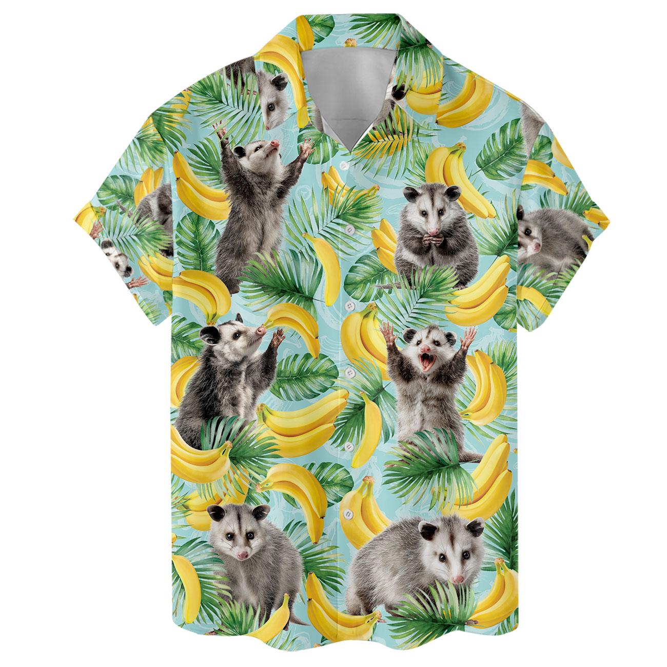 Front view showing the collared button-front opossum Hawaiian shirt