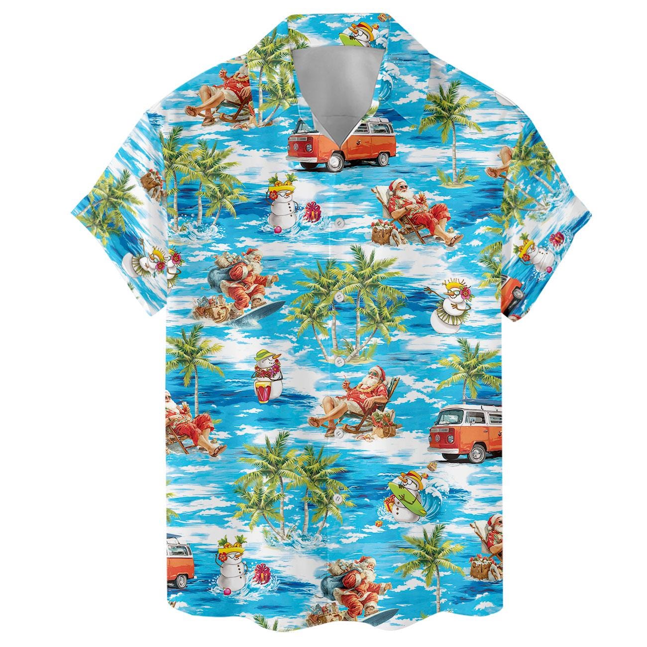 Blue Santa Hawaiian shirt featuring colorful island scenes and all-over festive print