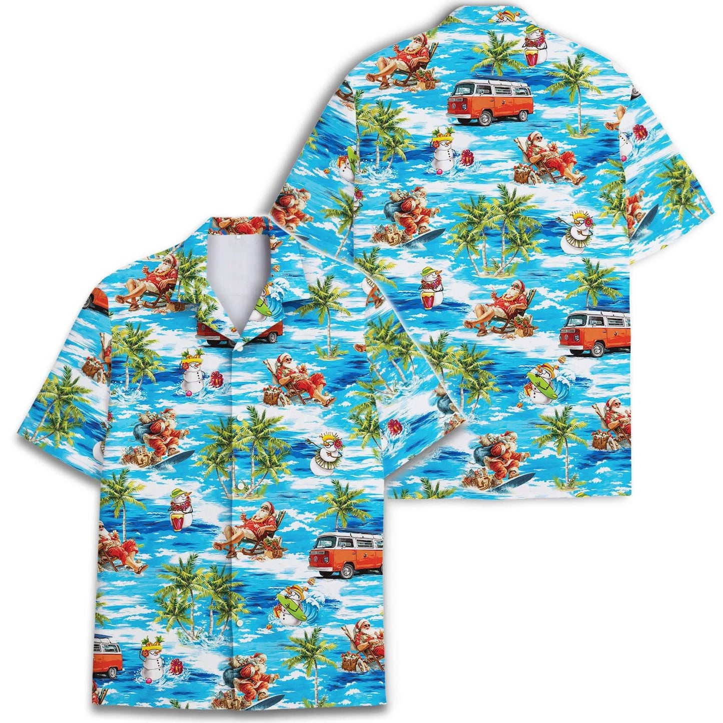 Blue tropical holiday shirt displayed with a matching short-sleeve shirt
