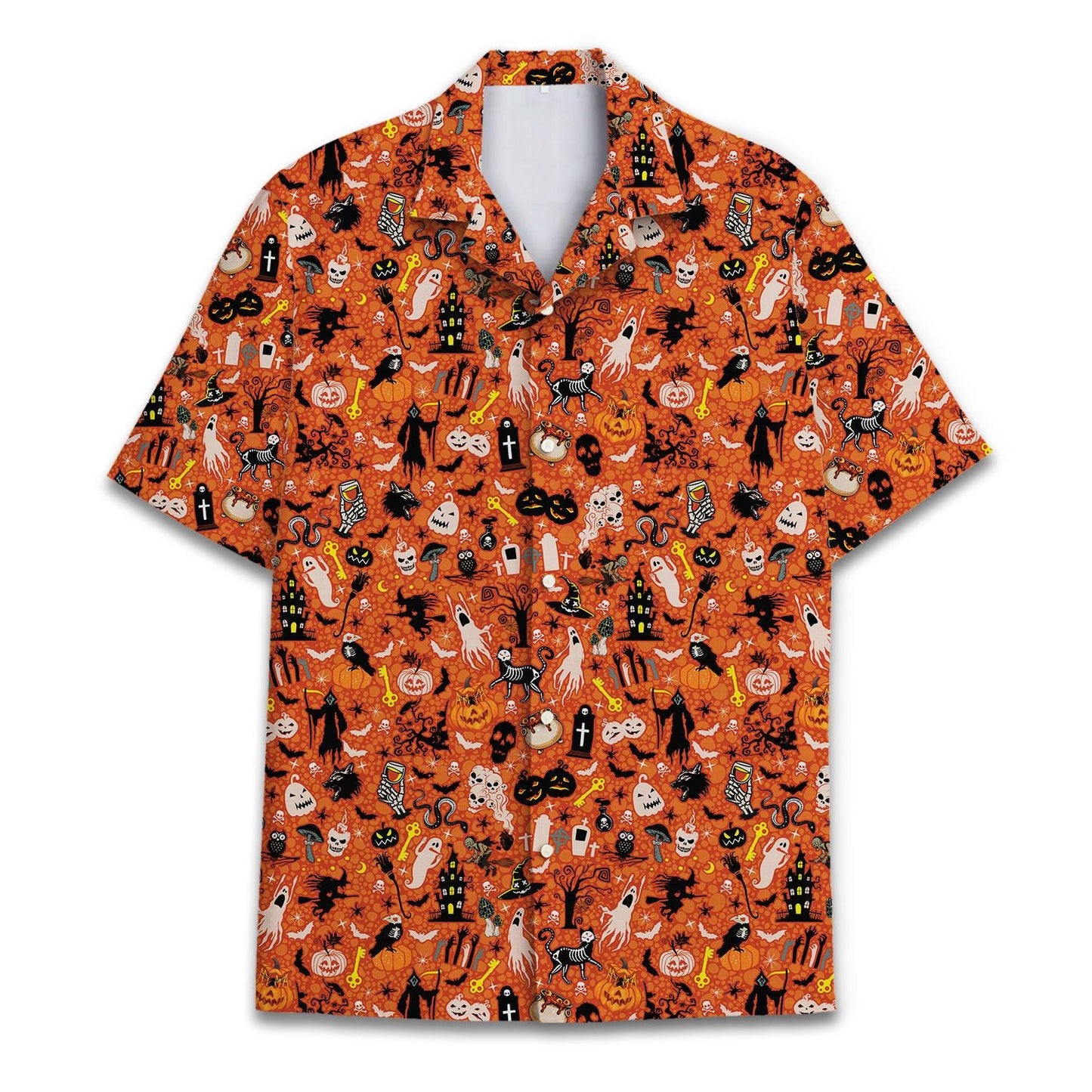 Orange Halloween Hawaiian shirt with all-over pumpkins, ghosts, skeletons, bats, and haunted characters