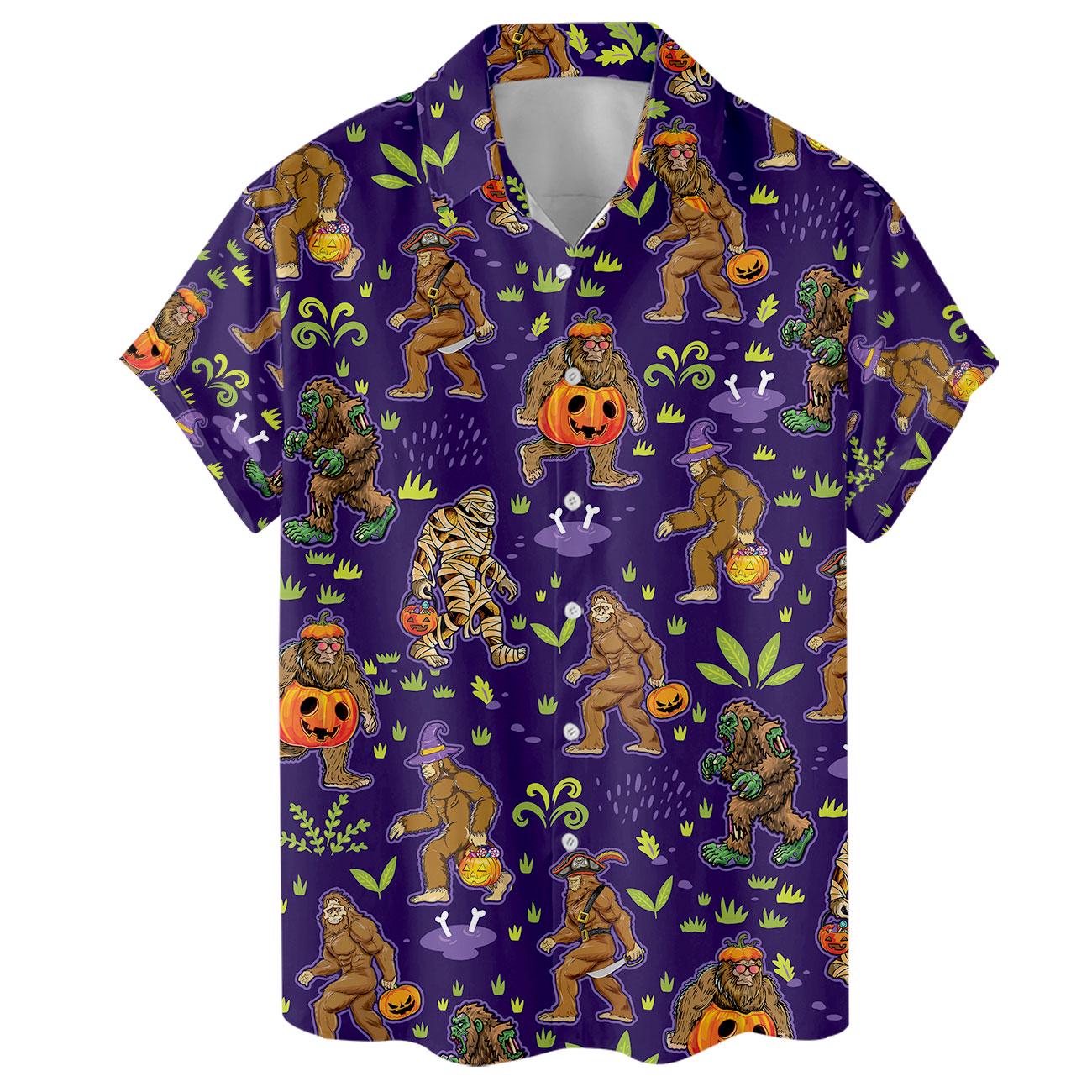 Front view of a purple short-sleeve Hawaiian shirt with Bigfoot, pumpkins, and skeleton motifs