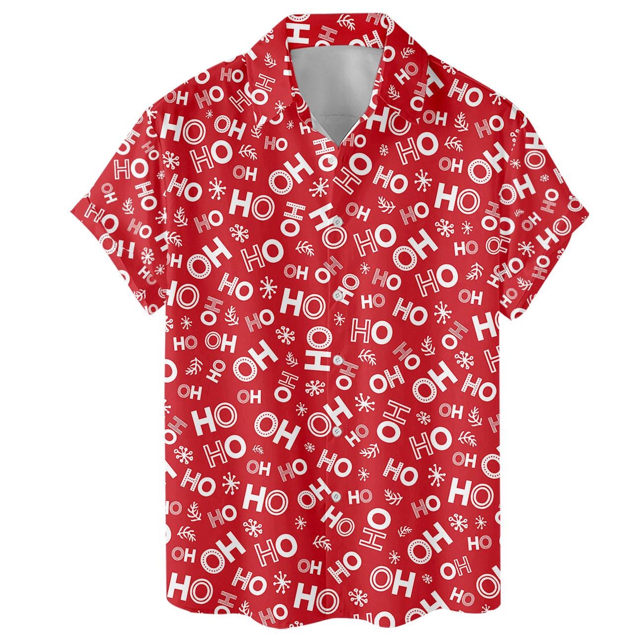 Close front view of red short-sleeve shirt with festive white pattern