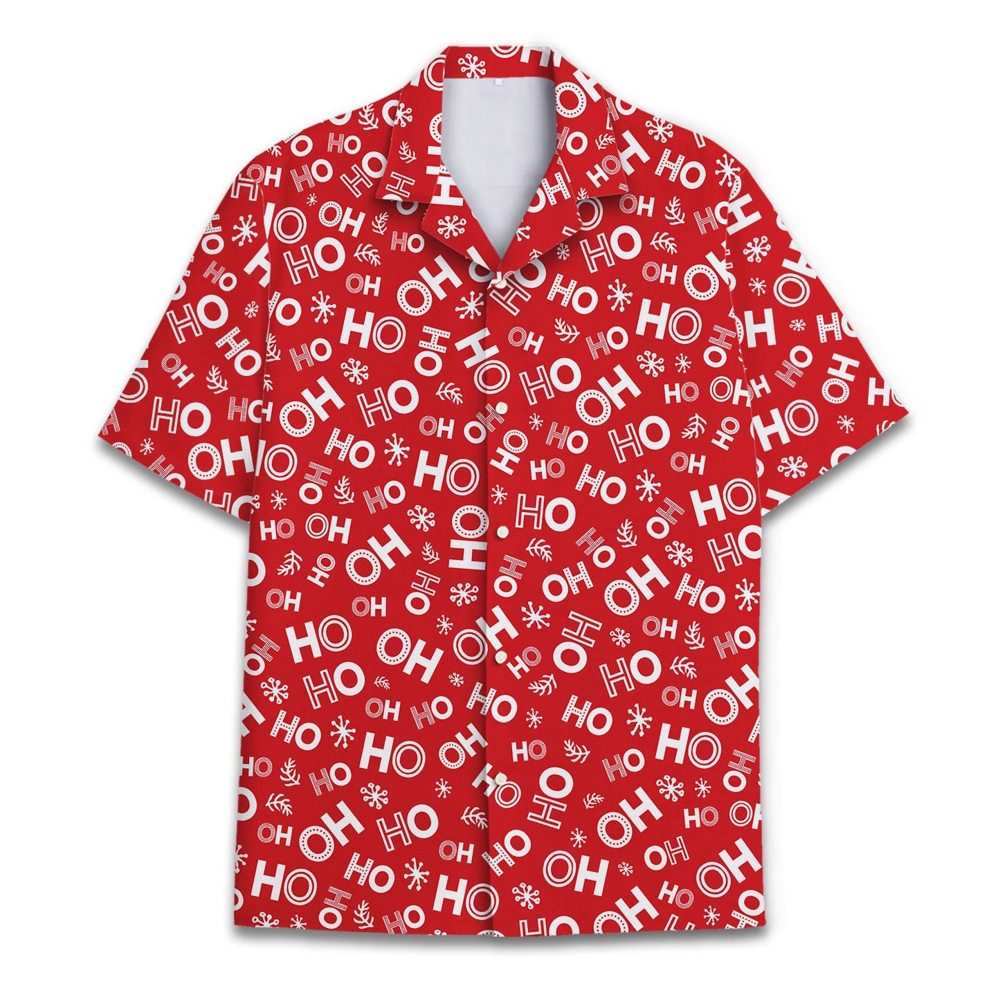 Front view of red Hawaiian shirt with white HO holiday pattern