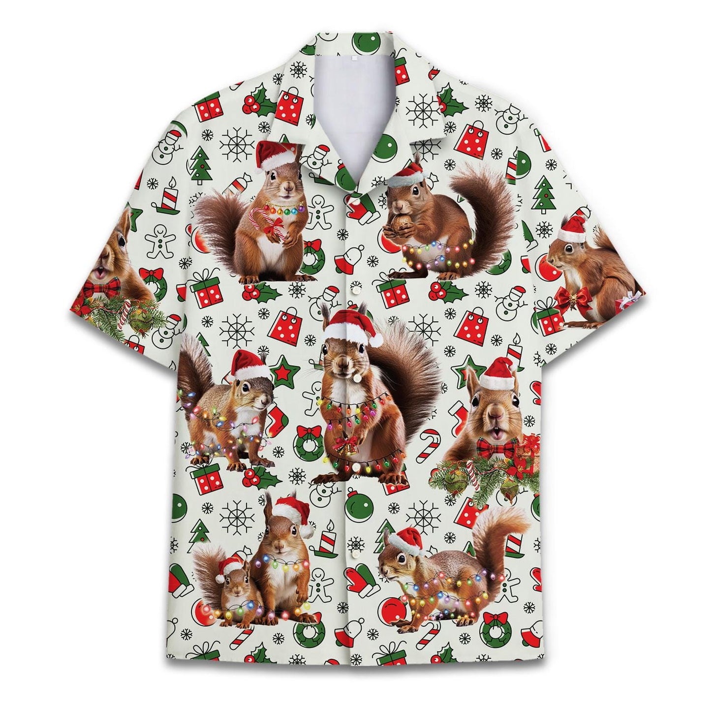 Front view of a Christmas Hawaiian shirt with Santa squirrels and festive holiday icons