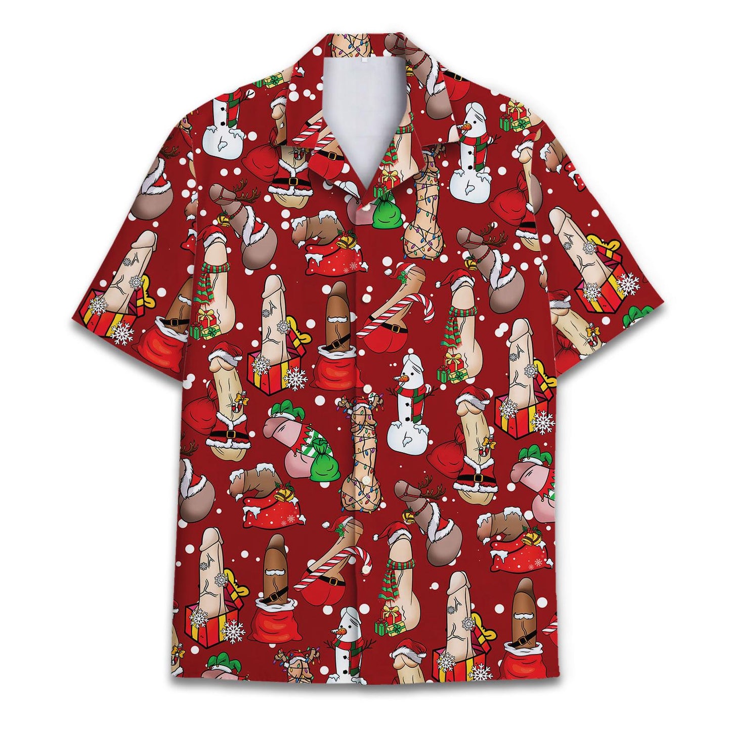 Red Christmas Hawaiian shirt with whimsical holiday character print