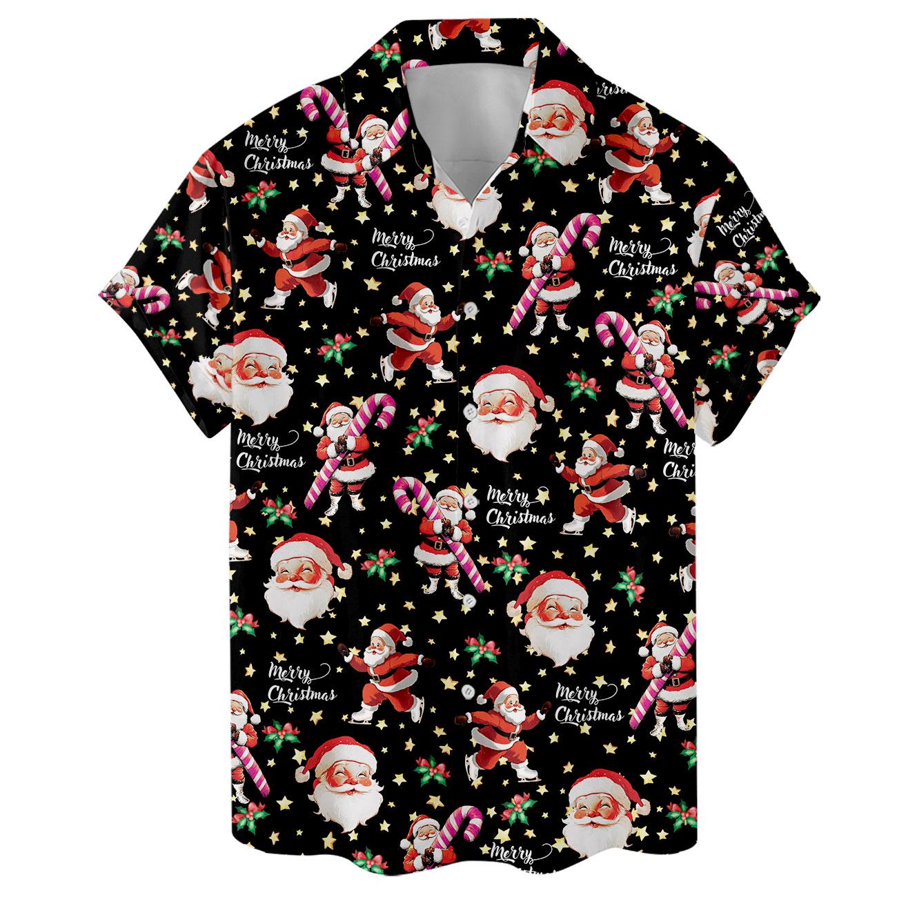 Front view of black Santa Christmas Hawaiian shirt