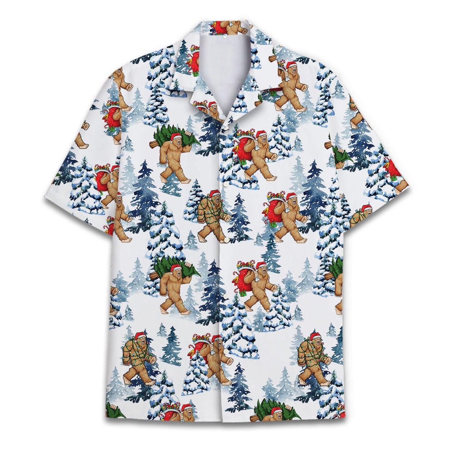 Front view of a Christmas Bigfoot Hawaiian shirt with snowy pine trees and festive Sasquatch scenes