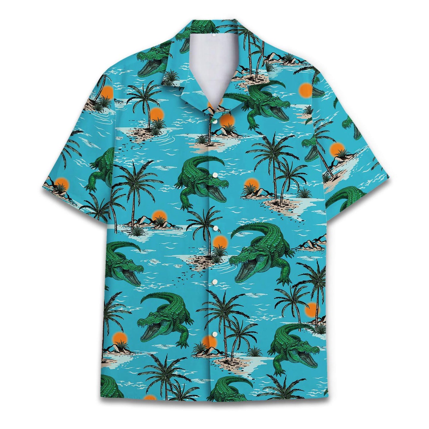 Front view of turquoise Hawaiian shirt with crocodiles, palm trees, islands and sunset print