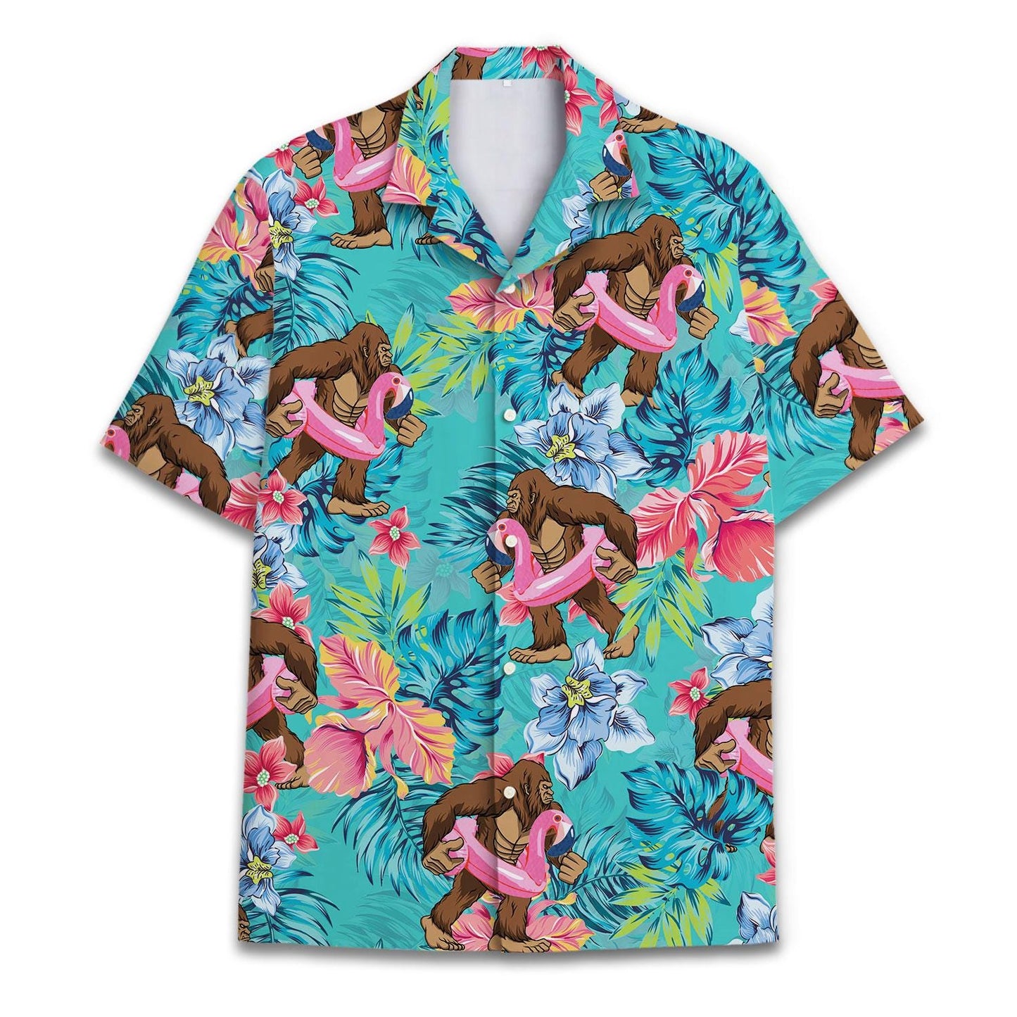 Front view of a turquoise Hawaiian shirt with brown apes carrying pink flamingo floats among tropical flowers and leaves