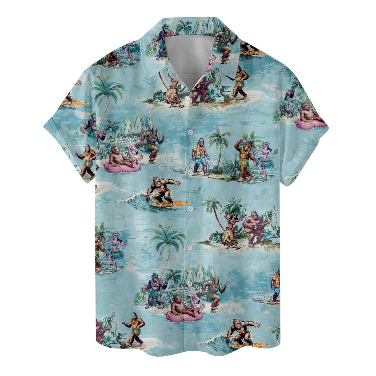 Front view of aqua short sleeve Hawaiian shirt with all-over beach scene