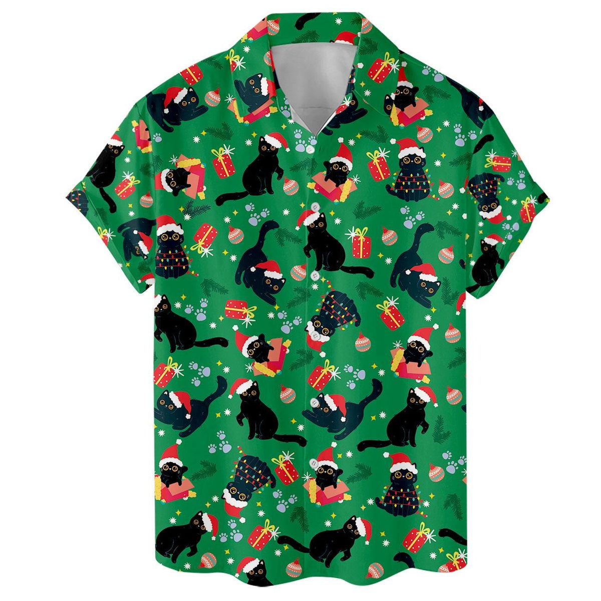 Flat front view of green Christmas cat button-up Hawaiian shirt