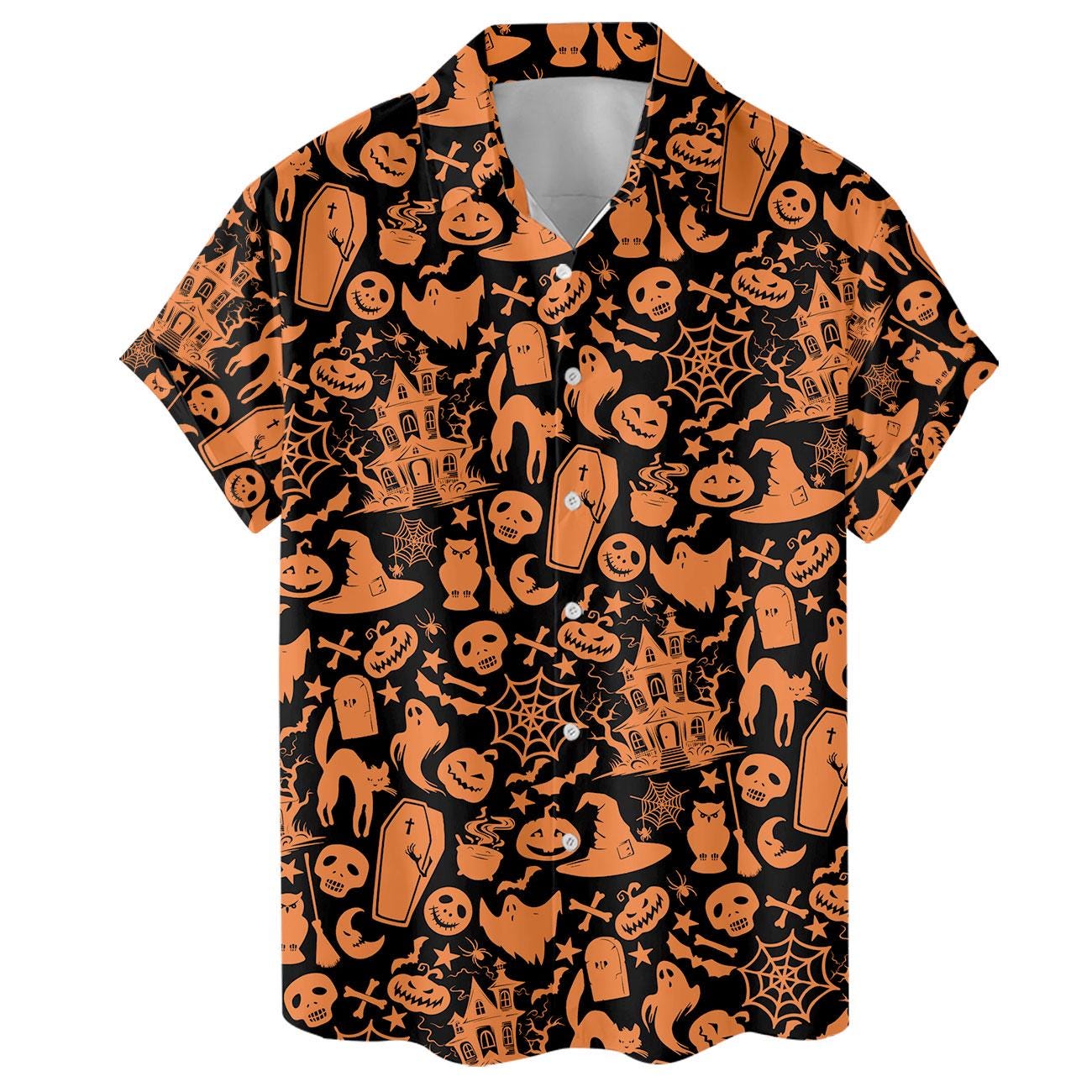 Close front view of Halloween Hawaiian shirt with pumpkins, ghosts, skulls, and haunted houses