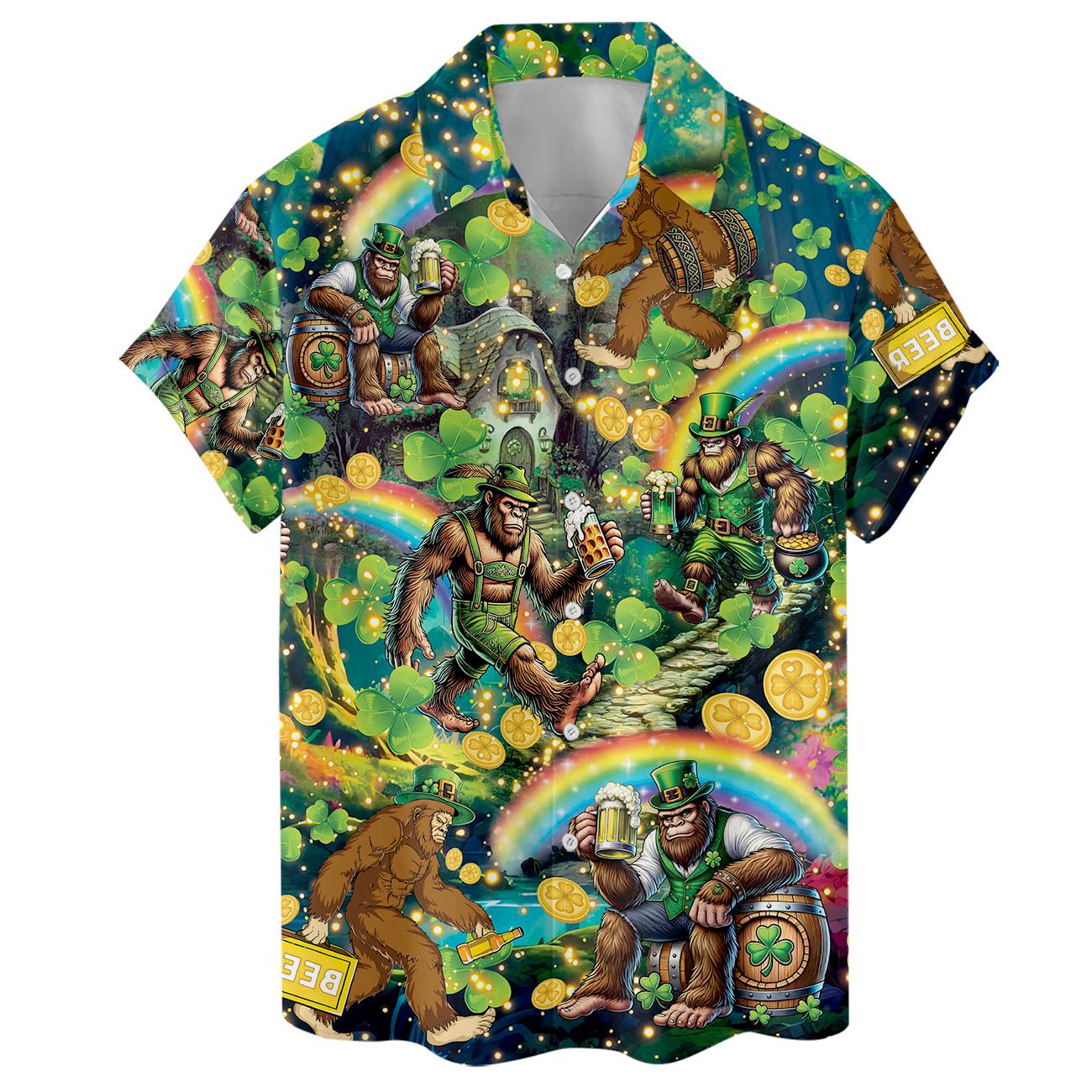 Close front view showing the shirt collar, buttons, leprechaun-inspired characters, coins, and rainbow artwork