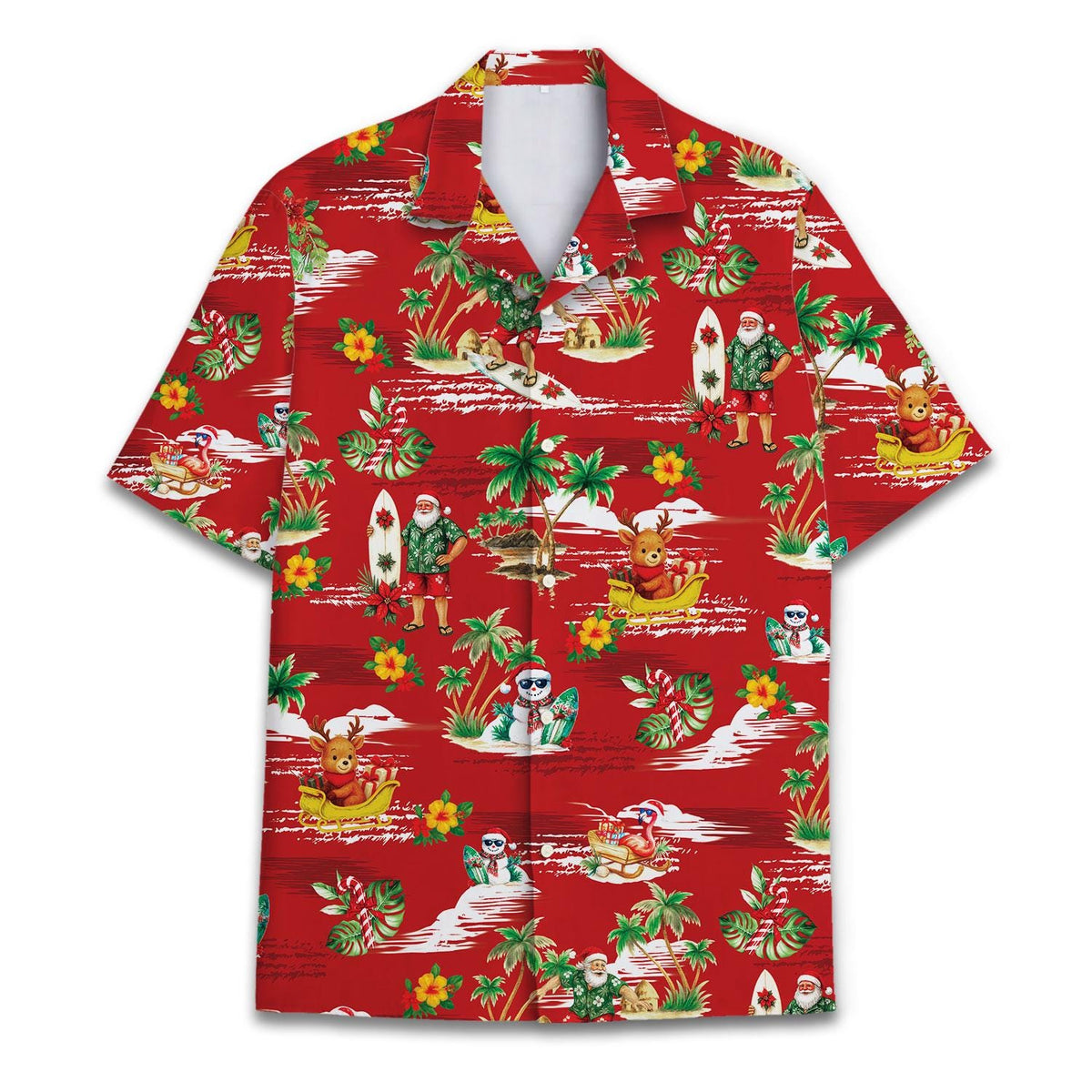 Red Christmas Hawaiian shirt with Santa, reindeer, snowmen, surfboards, palm trees, and flowers