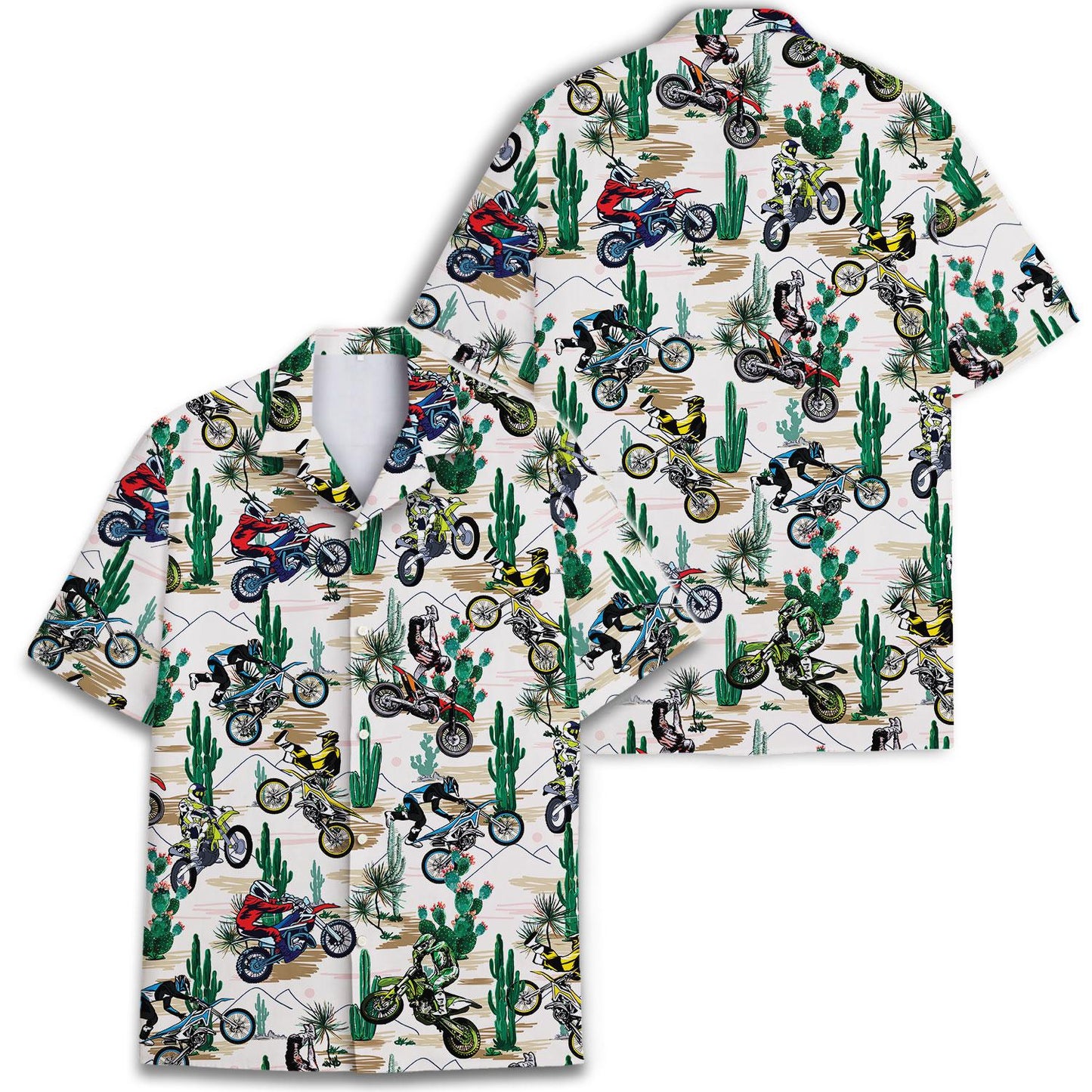 Two views of a dirt bike and cactus Hawaiian shirt showing the front and back design