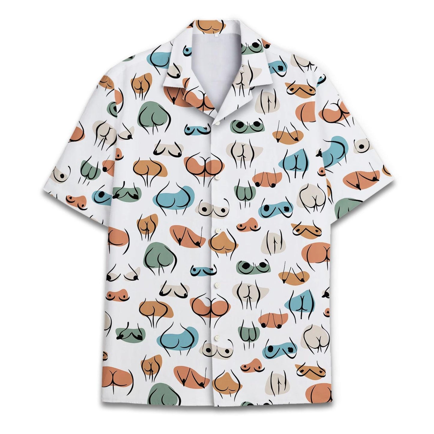 Front view of a white Hawaiian shirt with colorful whimsical face and mustache pattern