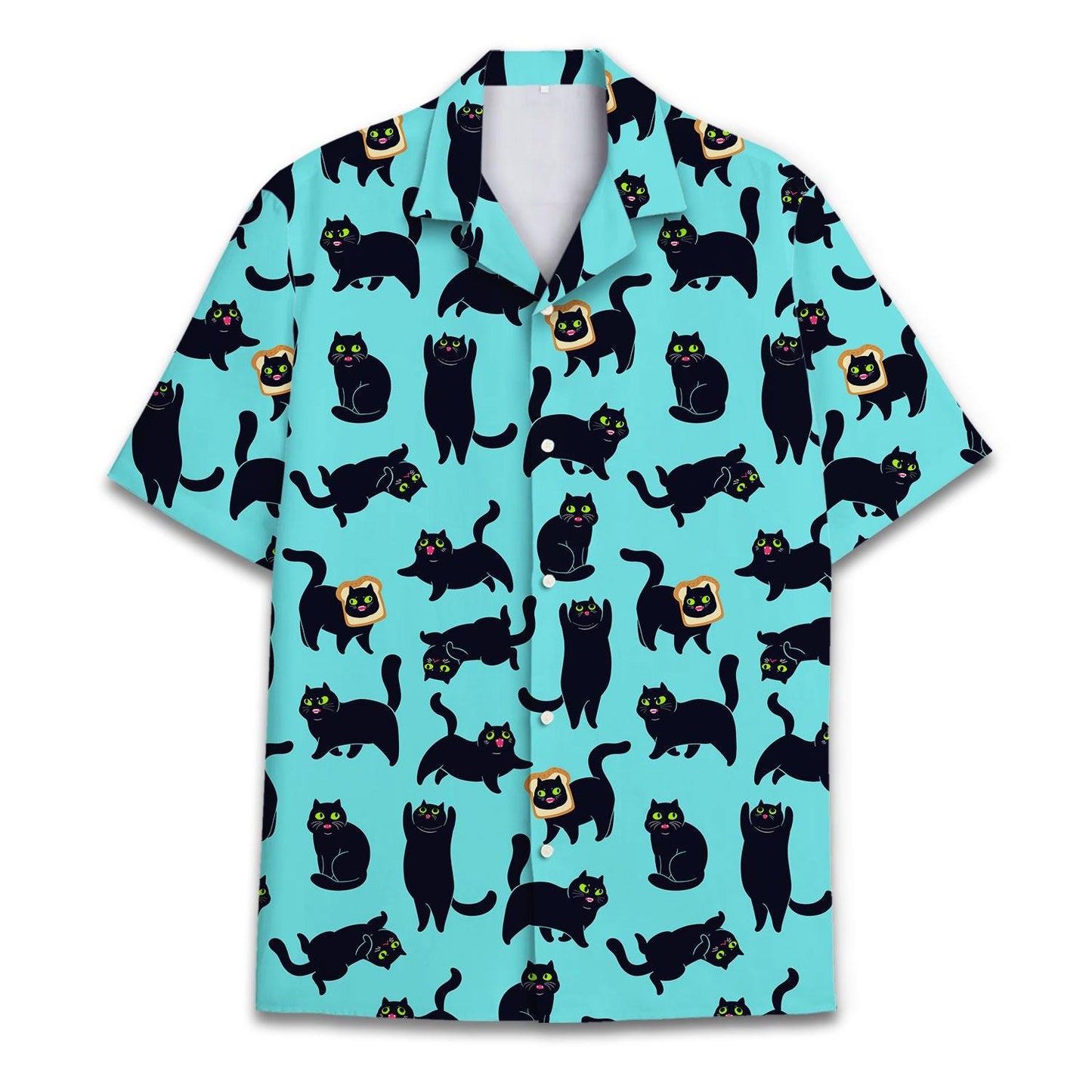 Front view of an aqua Hawaiian shirt with an all-over black cat print