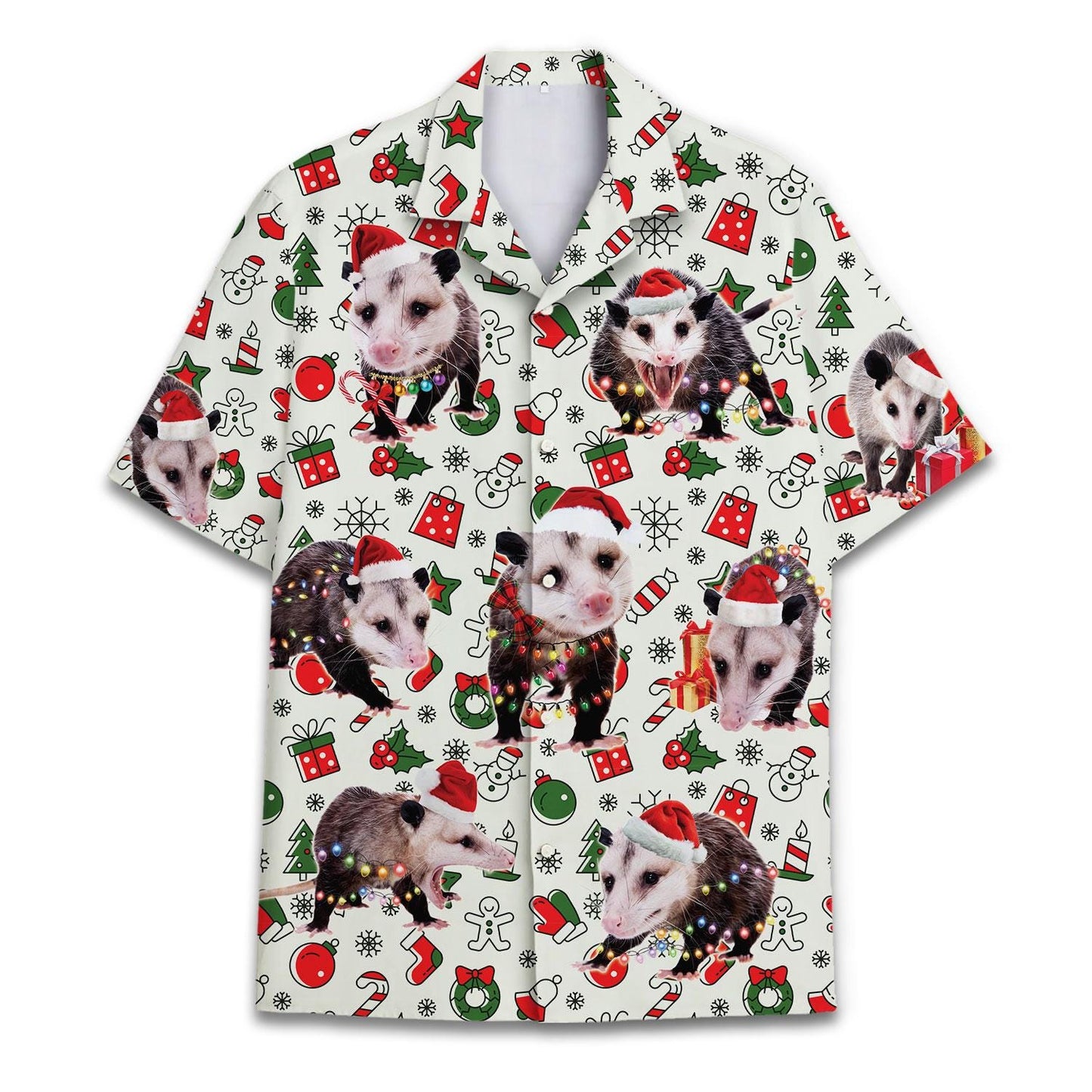 Front view of a Christmas Hawaiian shirt covered in opossums wearing Santa hats and festive holiday icons
